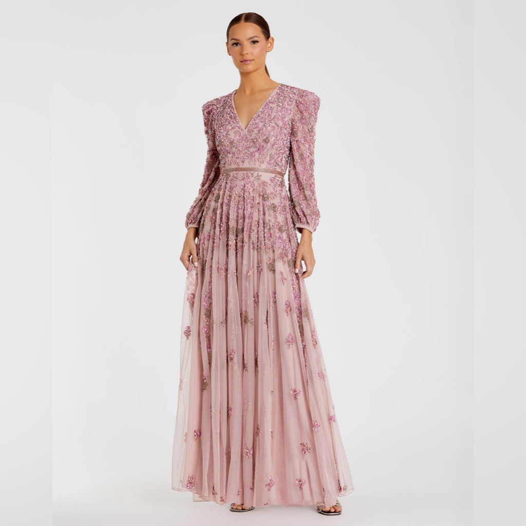 Pink Embellished V Neck 3/4 Sleeve A Line Gown